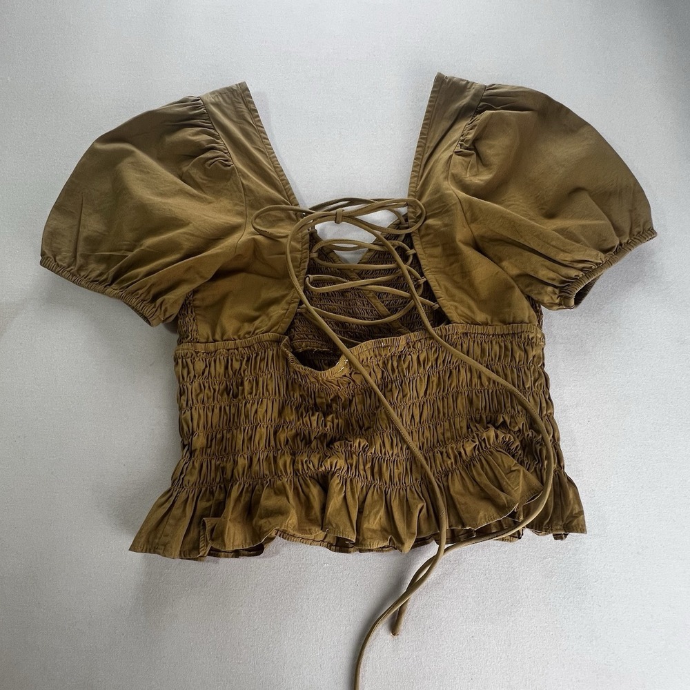 Forever That Girl Smocked Tan V Neck Crop Anthropologie Shirt M Boho Whimsical - Picture 3 of 9